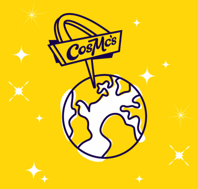 A drawing of a sign that says CosMc's. It has one of the McDonald's arches over the sign. The sign is pinned somewhere in the United States. White stars surround the planet. Most of this art is yellow.