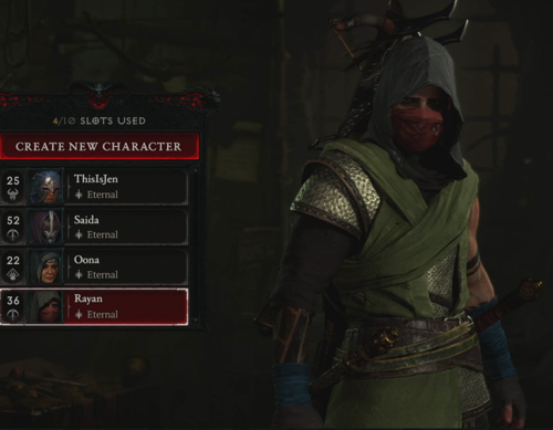 A male Diablo IV Rogue is wearing mostly green clothing. He carries a crossbow on his back. This Rogue is at level 36.