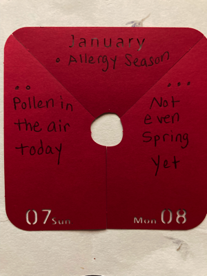 A red piece of paper has a haiku written on it: Allergy Season / Pollen in the air today / Not even Spring yet