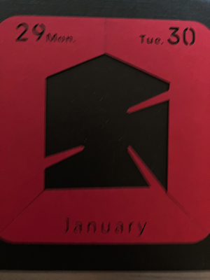 A red calendar page that shows a cut out. This one is for January 29 and 30 of 2024.